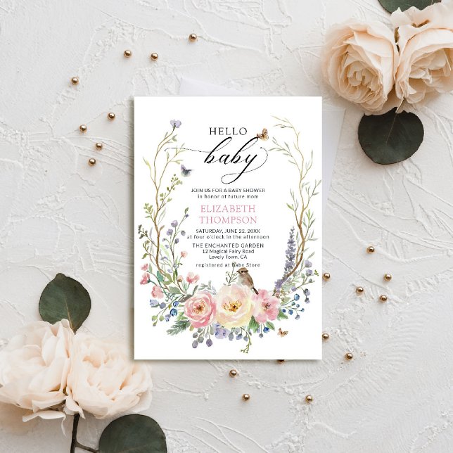 Convite Rosas de flores silvestres de jardim entalados Chá (enchanted garden baby shower invitation woodland forest bird butterfly spring summer whimsical roses)