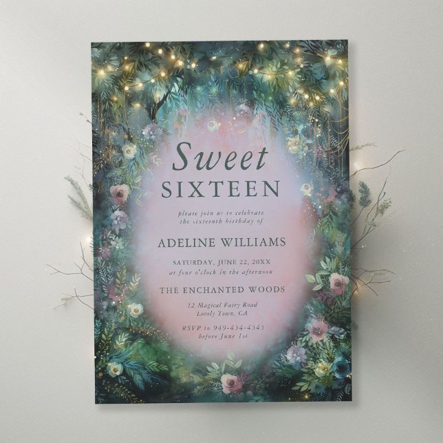 Convite Rosas De Florestas Encantadas Misty Pink Green Swe (enchanted forest sweet sixteen invite wild roses misty pink emerald green magical woodland fairytale)