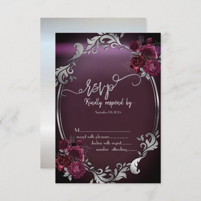 Convite Rosas de Frame Burgundy Chic Silver RSVP (Frente/Verso)