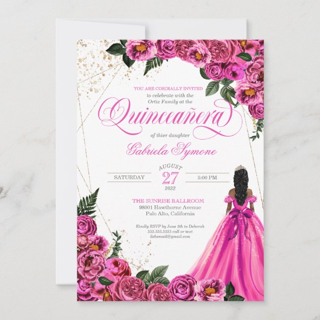 Convite Rosas de Fúcsia Rosa Quente e Quinceañera Dourada (Frente)