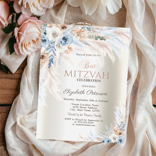 Convite Rosas de Grama das Pampas Bat Mitzvah Marfim (Criador carregado)