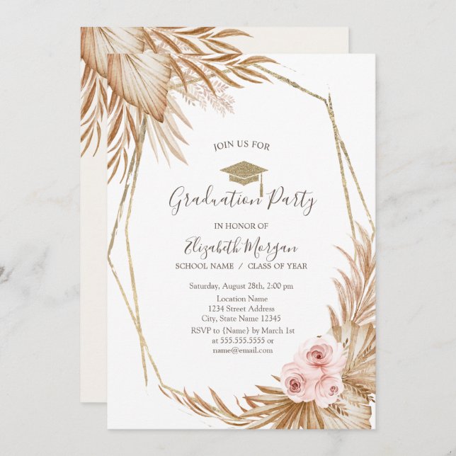 Convite Rosas de Grama Pampas Boné Formando,Graduação (Frente/Verso)