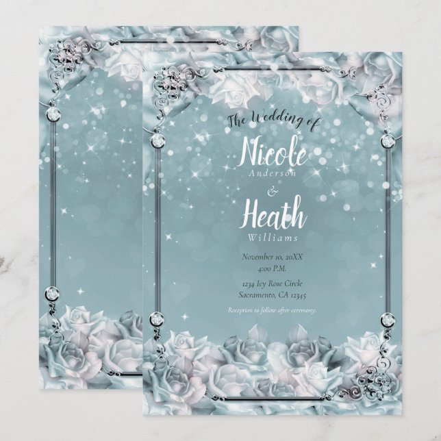 Convite Rosas de Inverno Enfeitiçadas Prata Casamento Teal (Frente/Verso)