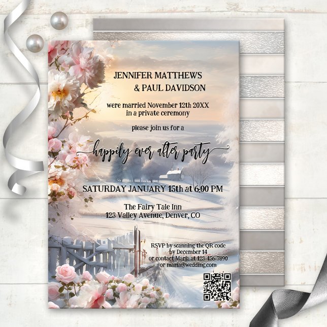 Convite Rosas De Inverno Feliz Depois Do Casamento (Happily ever after wedding party invitation featuring a winter wonderland scene at sunset with roses)