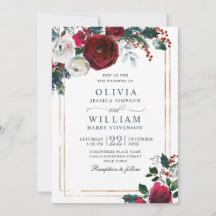 Convite Rosas de inverno Foliage Casamento de Aquarela