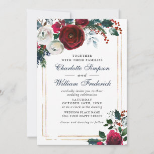 Convite Rosas de inverno Foliage Casamento de Aquarela