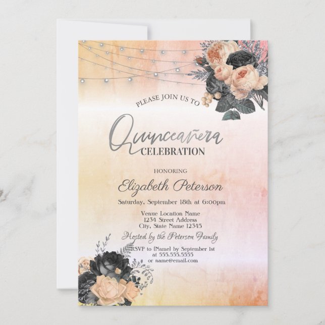 Convite Rosas de Laranja Chic Iluminação Quinceanera (Frente)