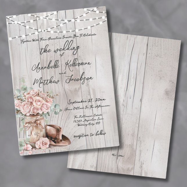 Convite Rosas de Madeira Rústica Elegante Casamento no Cam (Elegant Rustic Wood Roses Country Wedding Invitation)