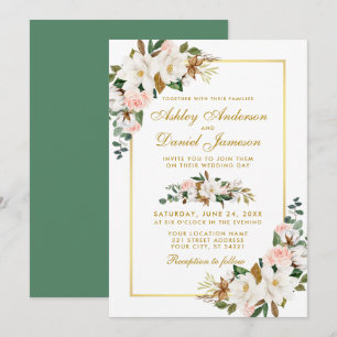 Convite Rosas de Magnolias Floral Dourado