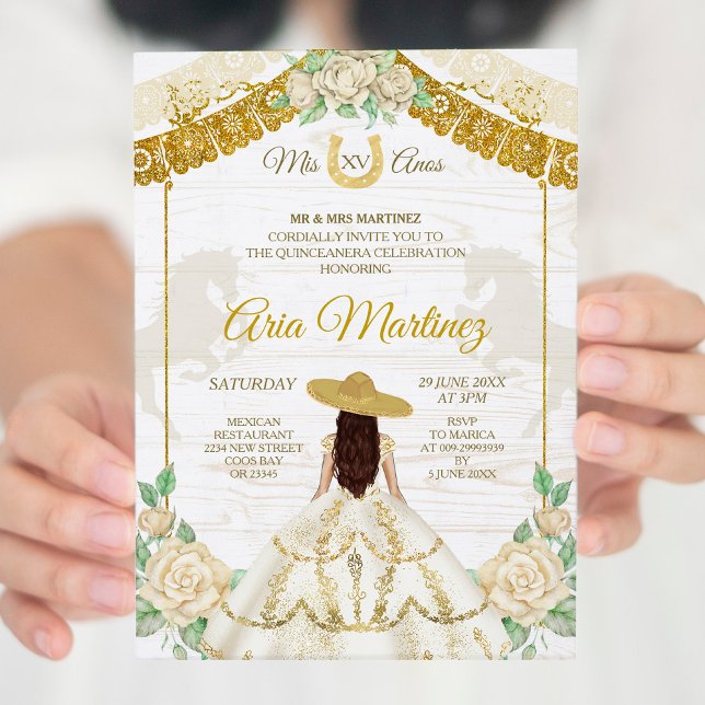 Convite Rosas de marfim e ouro Mis Quince Invite (Criador carregado)
