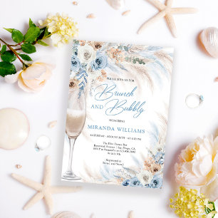 Convite Rosas de Marfim Elegantes Flores Azuis Brunch e Bo