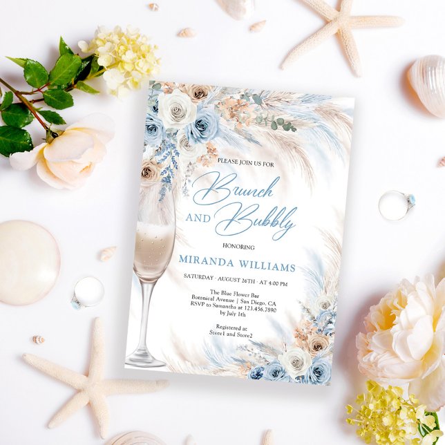 Convite Rosas de Marfim Elegantes Flores Azuis Brunch e Bo (Criador carregado)