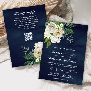 Convite Rosas de Marfim Floral Azul Marinho Código QR Casa