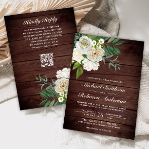Convite Rosas de Marfim Floral Celeiro Madeira Código QR C