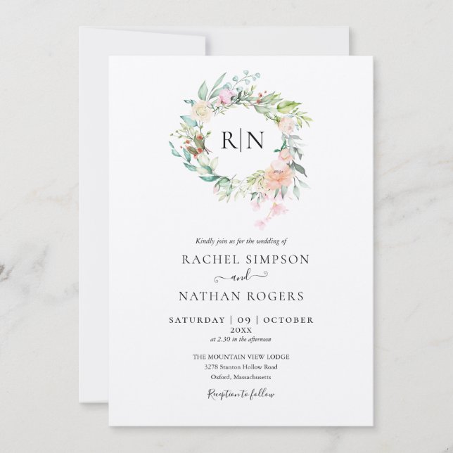 Convite Rosas de Monograma Rústico Kraft para Casamento Fl (Frente)
