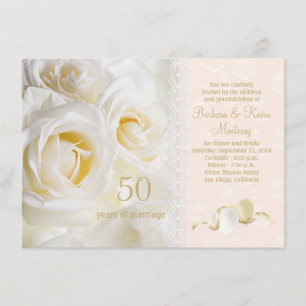 Convite Rosas de natas brancas, corações 50º aniversário d