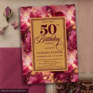 Convite Rosas de ouro com borra de boho floral 50 anos