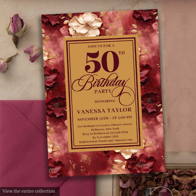 Convite Rosas de ouro de borboleta brilhante 50 anos (Glamorous burgundy blush gold roses 50th birthday card

)