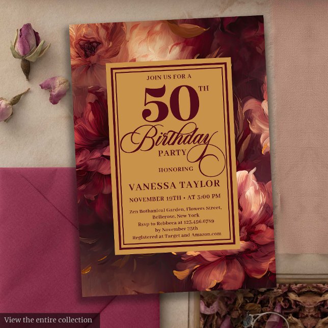 Convite Rosas de ouro de borboleta brilhante 50 anos (Glamorous burgundy blush gold roses 50th birthday card

)