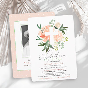 Convite Rosas de Pêssego Cruz Celebração da Vida Funeral