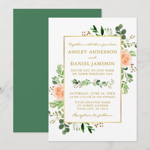 Convite Rosas de Pêssego de Aquarela Casamento Dourado