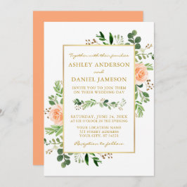 Convite Rosas de Pêssego em Aquarela Dourada