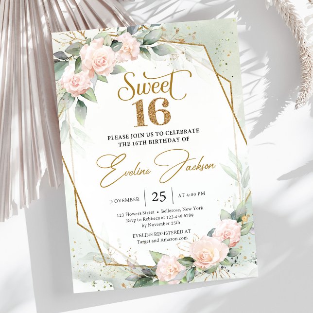 Convite Rosas de pincel elegantes e brilho de ouro de euca (Soft pastel pink roses greenery and gold frame sweet sixteen invitation template )
