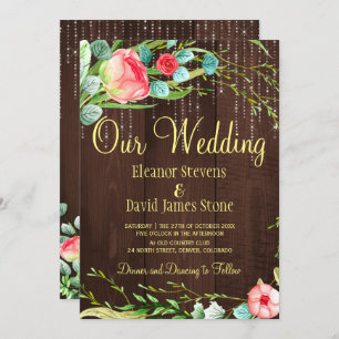 Convite Rosas de pinceladas de corda-russa luzes do celeir