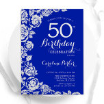 Convite Rosas de Prata Azul Real 50ª Festa de aniversário<br><div class="desc">Convite de aniversário real azul prateado floral 50º. Design elegante com rosas, folha de falso prata e letra de script de tipografia. A Trendy convida o cartão perfeito para uma festa de na moda. Pode ser personalizado para qualquer idade. Impressos convites Zazzle ou modelo de impressão digital instantânea para download....</div>