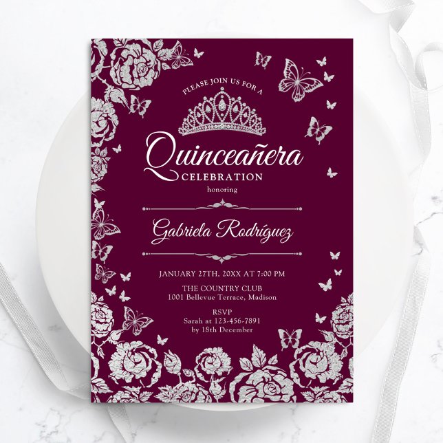 Convite Rosas de Prata Borboletas Quinceanera (Criador carregado)