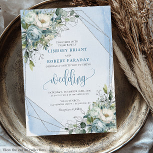 Convite Rosas de Prata Branca Clássica Pastel Azul Casamen