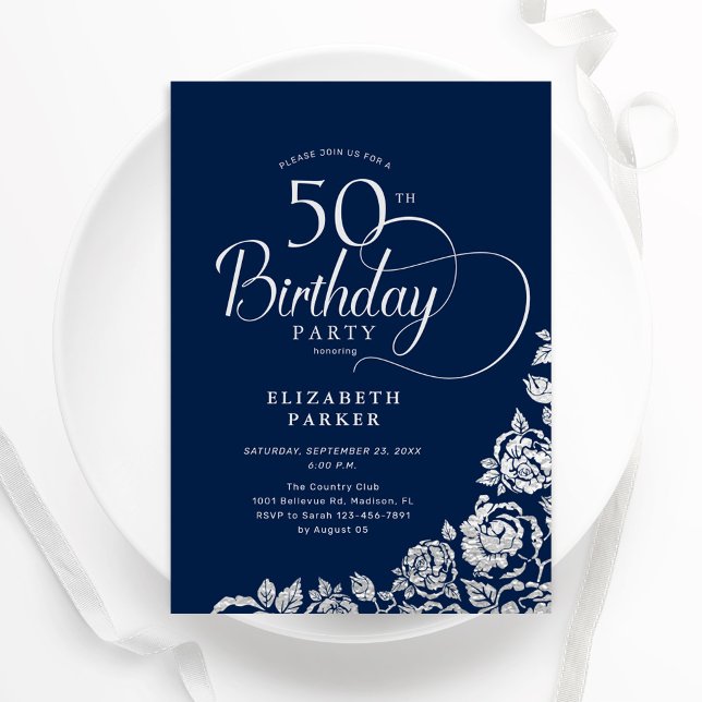 Convite Rosas de prata de aniversário simples Elegante 50 (Criador carregado)