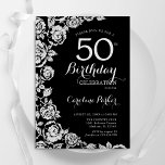 Convite Rosas de Prata Negra Elegante 50ª Festa de anivers<br><div class="desc">Floral prateado preto 50º convite de aniversário. Design elegante com rosas,  folha de falso prata e letra de script de tipografia. A Trendy convida o cartão perfeito para uma festa de na moda. Pode ser personalizado para qualquer idade. Impressos convites Zazzle ou modelo de impressão digital instantânea para download.</div>