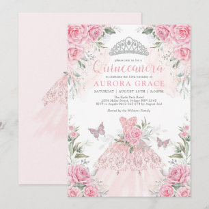 Convite Rosas de prata rosa Princesa Coroa Quinceañera