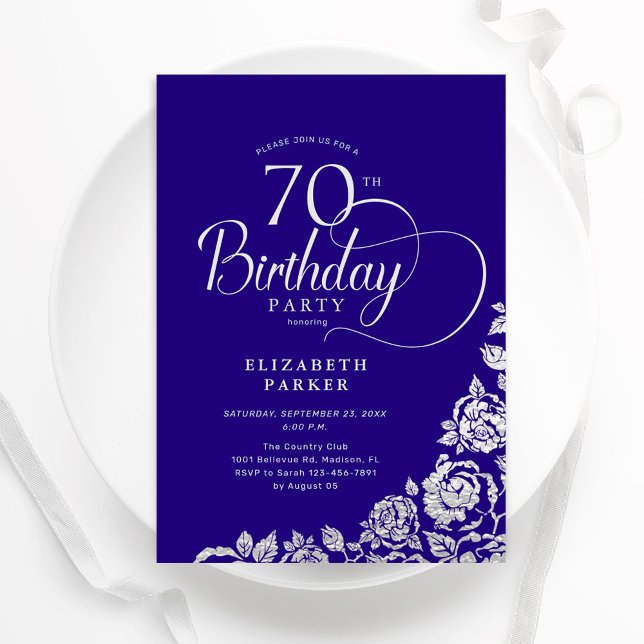 Convite Rosas de Prata Roxo de Aniversário de 70 Elegante  (Criador carregado)