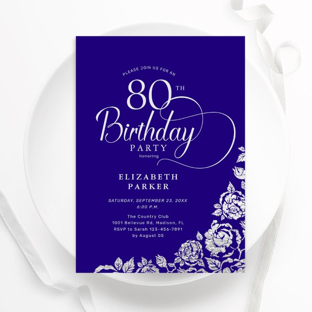 Convite Rosas de Prata Roxo de Aniversário de 80 Elegante  (Criador carregado)