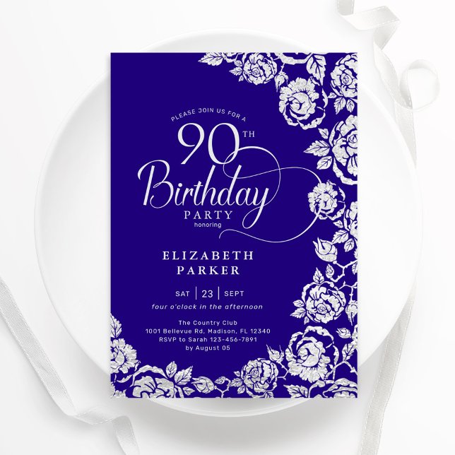 Convite Rosas de Prata Roxo de Aniversário Elegante 90 (Criador carregado)