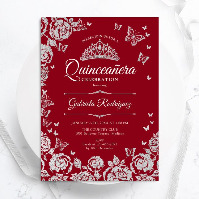 Convite Rosas de Prata Vermelha Borboletas Quinceanera (Criador carregado)