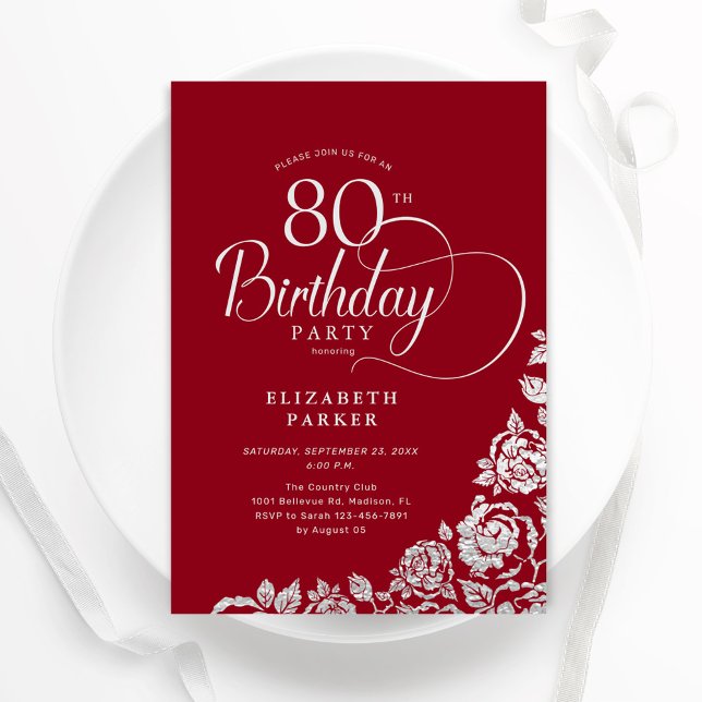 Convite Rosas de Prata Vermelha de Aniversário com 80 simp (Criador carregado)