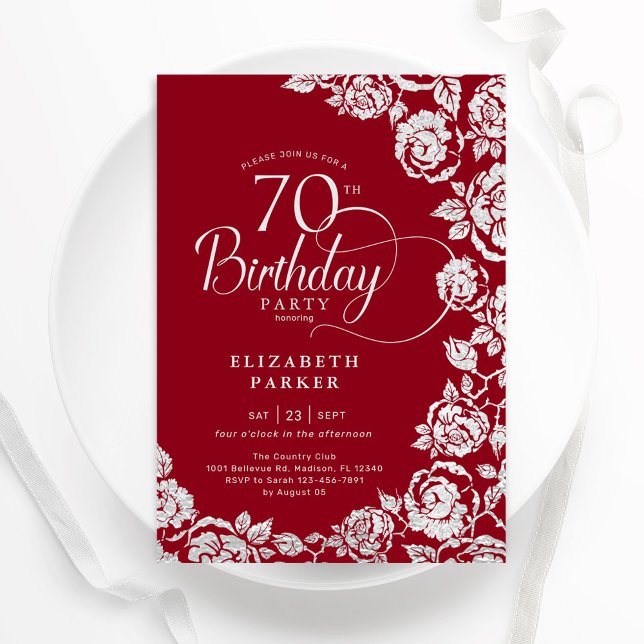 Convite Rosas de Prata Vermelha Elegante 70 Birthday (Criador carregado)