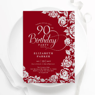 Convite Rosas de Prata Vermelha Elegante 90 Birthday