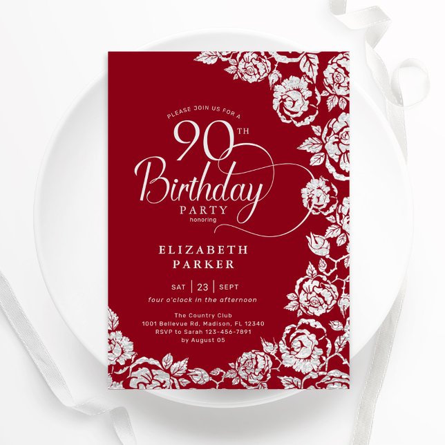 Convite Rosas de Prata Vermelha Elegante 90 Birthday (Criador carregado)