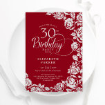 Convite Rosas de Prata Vermelha Elegante aniversário de 30<br><div class="desc">Convite de festas floral de prata vermelha. Design elegante com rosas, folha de falso prata e letra de script de tipografia. A Trendy convida o cartão perfeito para uma festa de na moda. Pode ser personalizado para qualquer idade. Personalize com seus próprios detalhes. Impressos convites Zazzle ou modelo de impressão...</div>