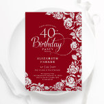 Convite Rosas de Prata Vermelha Elegante aniversário de 40<br><div class="desc">Convite de festas floral de prata vermelha. Design elegante com rosas, folha de falso prata e letra de script de tipografia. A Trendy convida o cartão perfeito para uma festa de na moda. Pode ser personalizado para qualquer idade. Personalize com seus próprios detalhes. Impressos convites Zazzle ou modelo de impressão...</div>