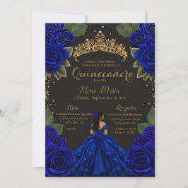 Convite Rosas de Quinceañera Azul Elegante com brilho Dour