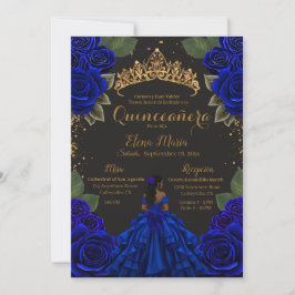 Convite Rosas de Quinceañera Azul Elegante com brilho Dour