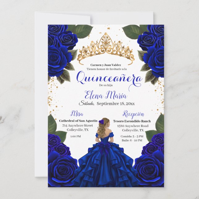 Convite Rosas de Quinceañera azul Elegante com brilho Dour (Frente)