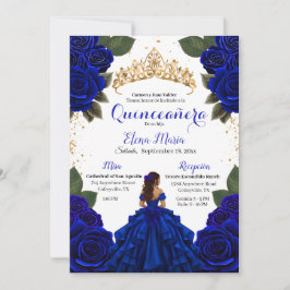 Convite Rosas de Quinceañera azul Elegante com brilho Dour