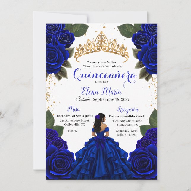Convite Rosas de Quinceañera azul Elegante com brilho Dour (Frente)