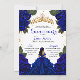 Convite Rosas de Quinceañera azul Elegante com brilho Dour